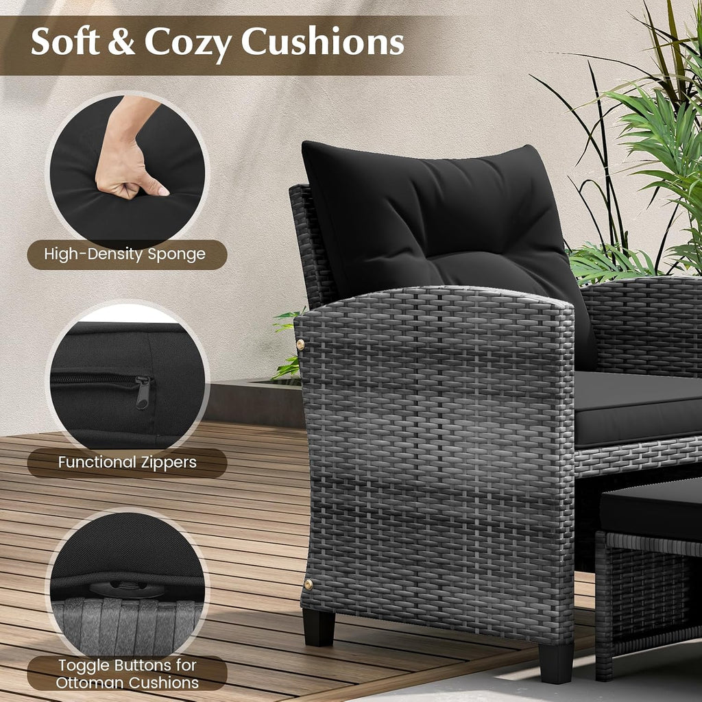 KOTEK 5 Pieces Patio Furniture Set with Ottomans, Wicker Patio Conversation Set with Coffee Table & Cushions, PE Rattan Outdoor Lounge Chairs for Backyard, Porch, Poolside (Mix Grey- Black)