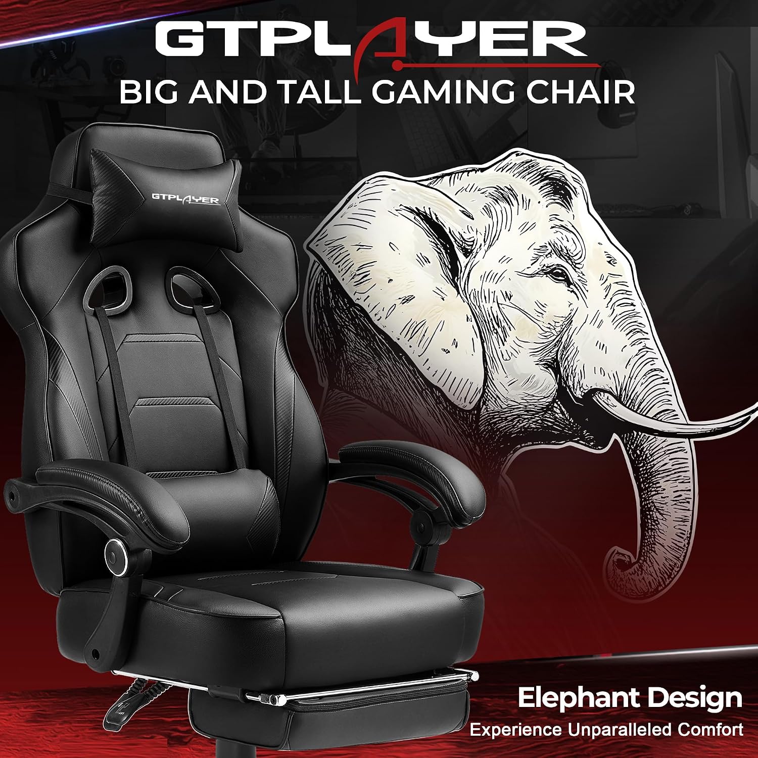 GTPLAYER Gaming Chair with Footrest, Big and Tall Computer Game Chair 350lb Racing Style, Ergonomic High Back Lumbar Support and Recliner, Black