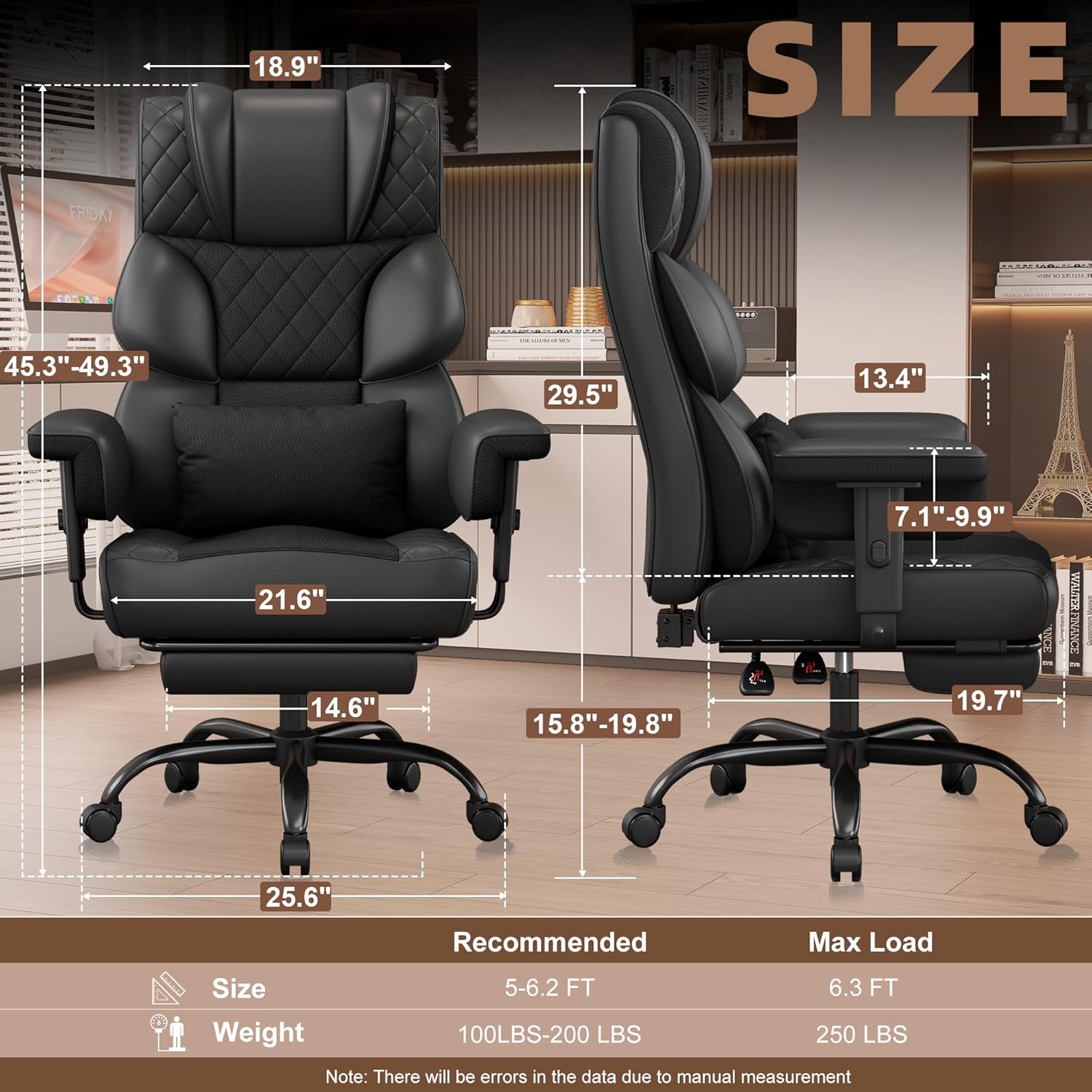 Vonesse Big and Tall Office Chair, Desk Chair with Soft Adjustable Armrests, Ergonomic High Back Gaming Chair with Lumbar Support, Executive Computer Chairs with Footrest (PU Leather, Black)