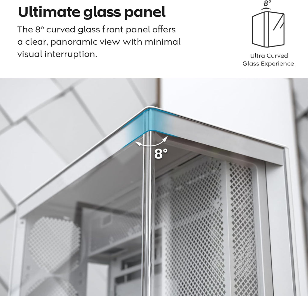 MONTECH HS02, ATX Mid-Tower PC Case, Gaming PC, High-Airflow, Reversible Layout, Sturdy Curved Tempered Glass Front Panel, Sink-in Design, Toolless Panels, White, US