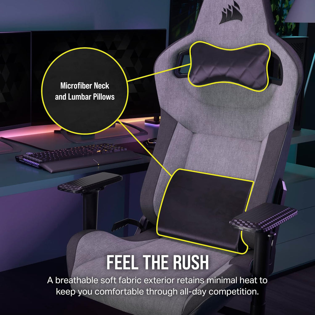 Corsair T3 Rush Fabric Gaming Chair (2023) – Racing-Inspired Design – Soft Fabric Exterior – Padded Neck Cushion – Memory Foam Lumbar Support – Adjustable Seat Height – Gray and Charcoal