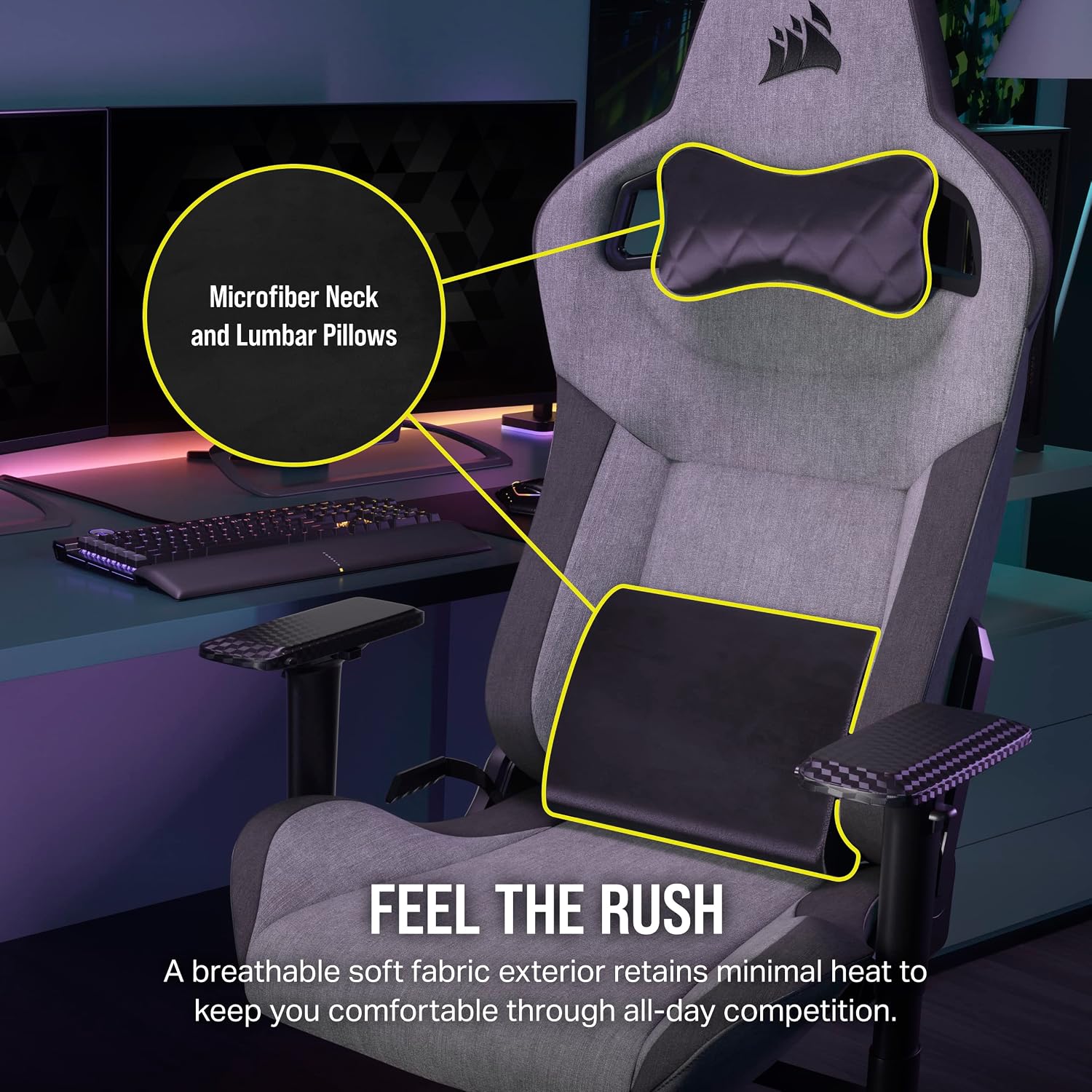 Corsair T3 Rush Fabric Gaming Chair (2023) – Racing-Inspired Design – Soft Fabric Exterior – Padded Neck Cushion – Memory Foam Lumbar Support – Adjustable Seat Height – Gray and Charcoal