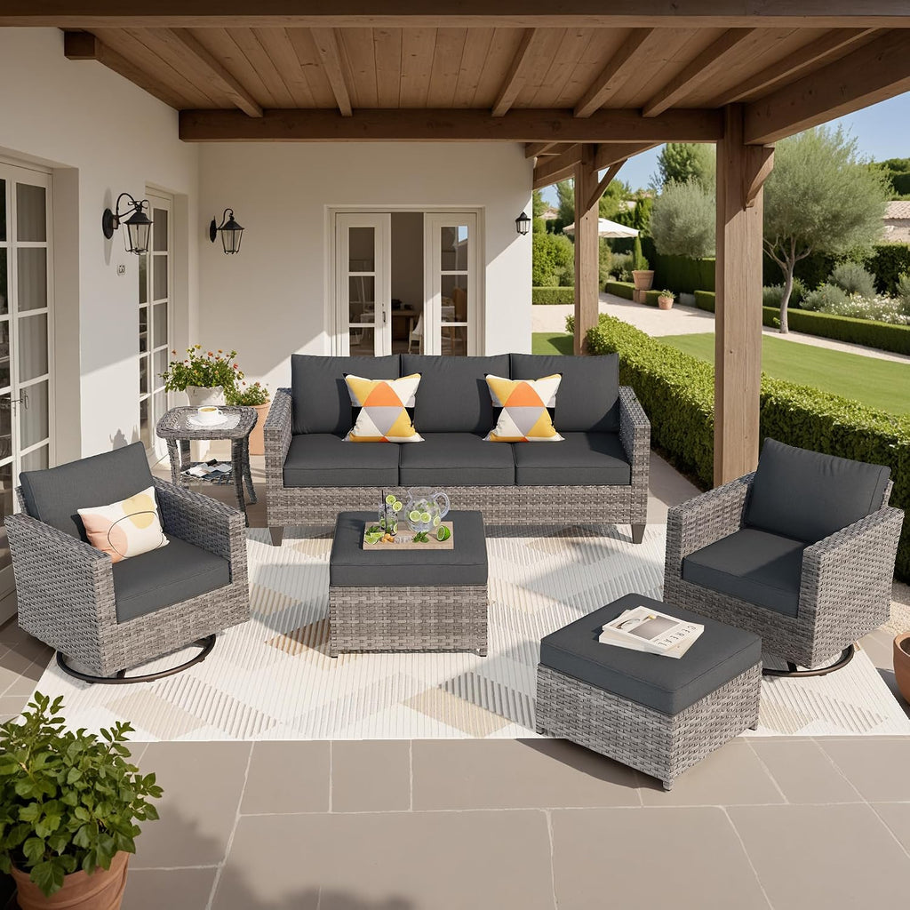 ovios 6 Pieces Patio Furniture Set, Outdoor Wicker Sofa Couch with Swivel Chairs, Rocking Glider Rocker with Comfy Cushions All Weather Rattan Conversation Set, Black