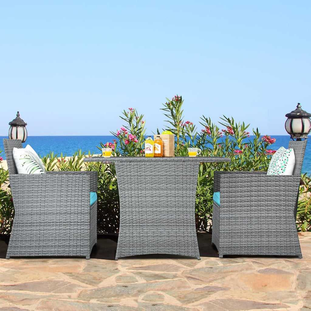 Tangkula 3 Pieces Patio Dining Set, Patiojoy Space-Saving PE Rattan Bistro Set with Tempered Glass Top Table and Cushioned Chairs, Outdoor Conversation Set for Garden, Backyard, Poolside, Porch