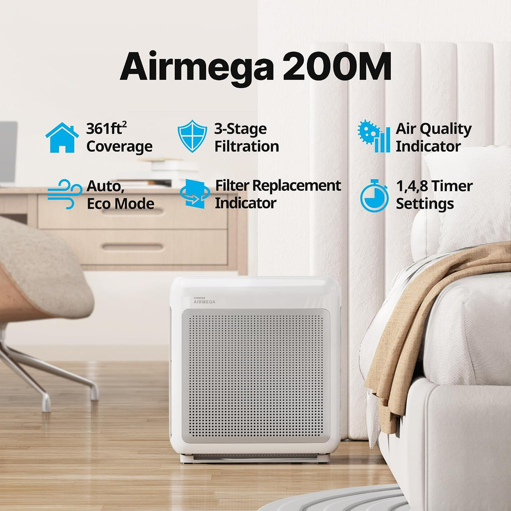 COWAY Air Purifiers for Home Up to 1,748 ft², HEPA Filter for Smoke, Allergies, Pet Dander, Odor, Air Quality Monitor, Auto & Eco Mode, Timer, Filter Indicator, 3yr Warranty, Airmega 200M White