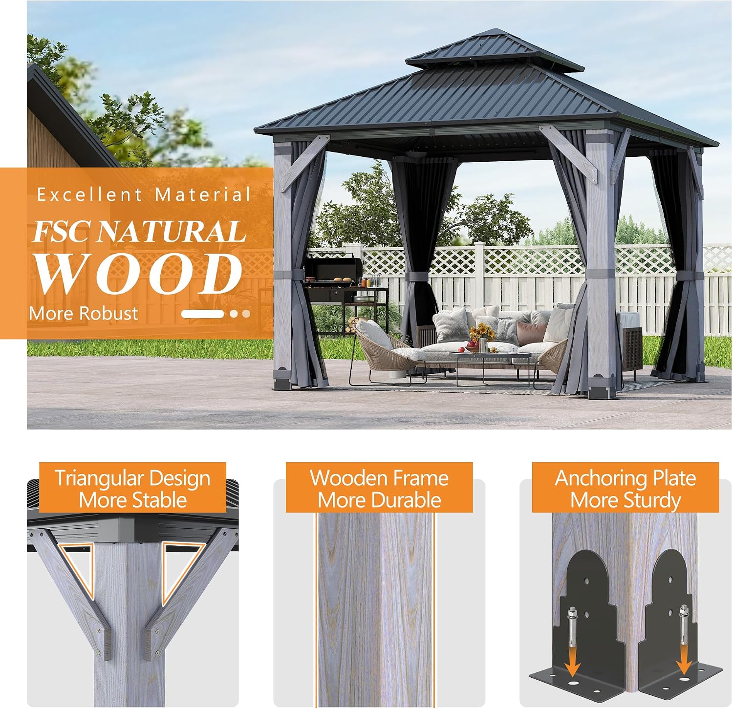 GARTOO 10' x 10' Outdoor Wood Gazebo - Permanent Wooden Hardtop Gazebo Pavilion with Double Curtains, Galvanized Steel Roof Cedar Wood Gazebos for Garden, Lawn, Poolside, Backyard Deck