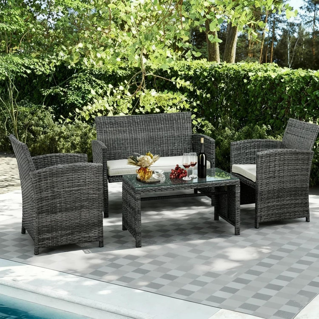 JAMFLY 4 Piece Outdoor Patio Furniture Set, Outdoor Wicker Rattan Chairs Conversation Sets with Cushions & Coffee Table for Outside, Garden, Balcony, Porch, Beige