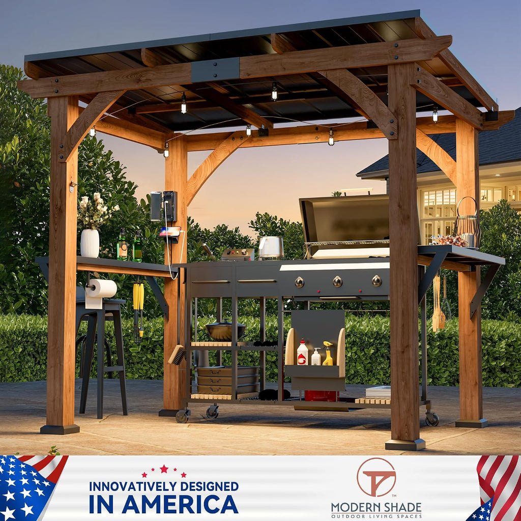 Modern Shade Grill Gazebo 6' X 8', Cedar Wood Gazebo with Shelves and Paper Towel Holder, Outdoor Bar with Galvanized Steel Roof, USB and USB-C Charging Ports, Outdoor Patio Bars for Backyard