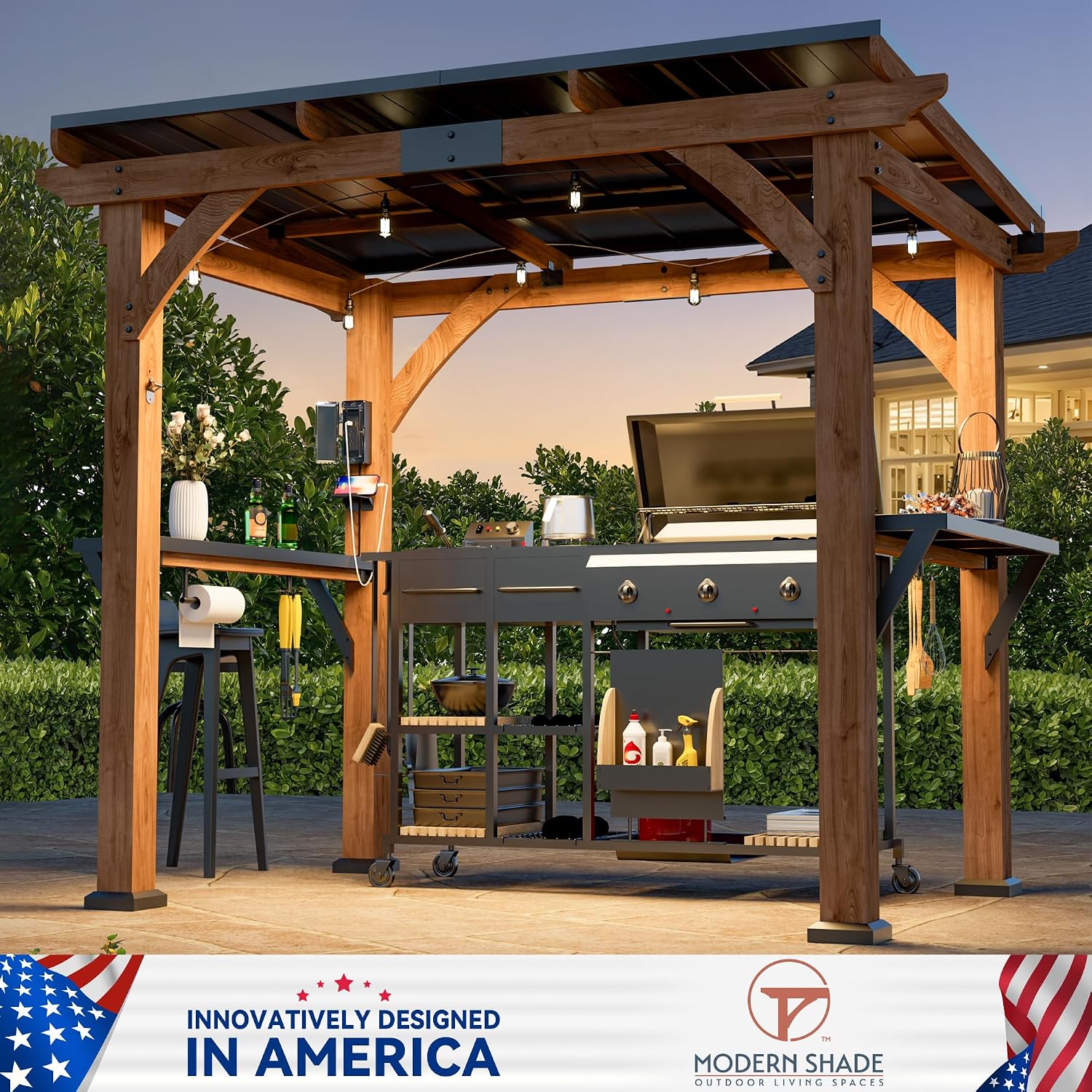 Modern Shade Grill Gazebo 6' X 8', Cedar Wood Gazebo with Shelves and Paper Towel Holder, Outdoor Bar with Galvanized Steel Roof, USB and USB-C Charging Ports, Outdoor Patio Bars for Backyard