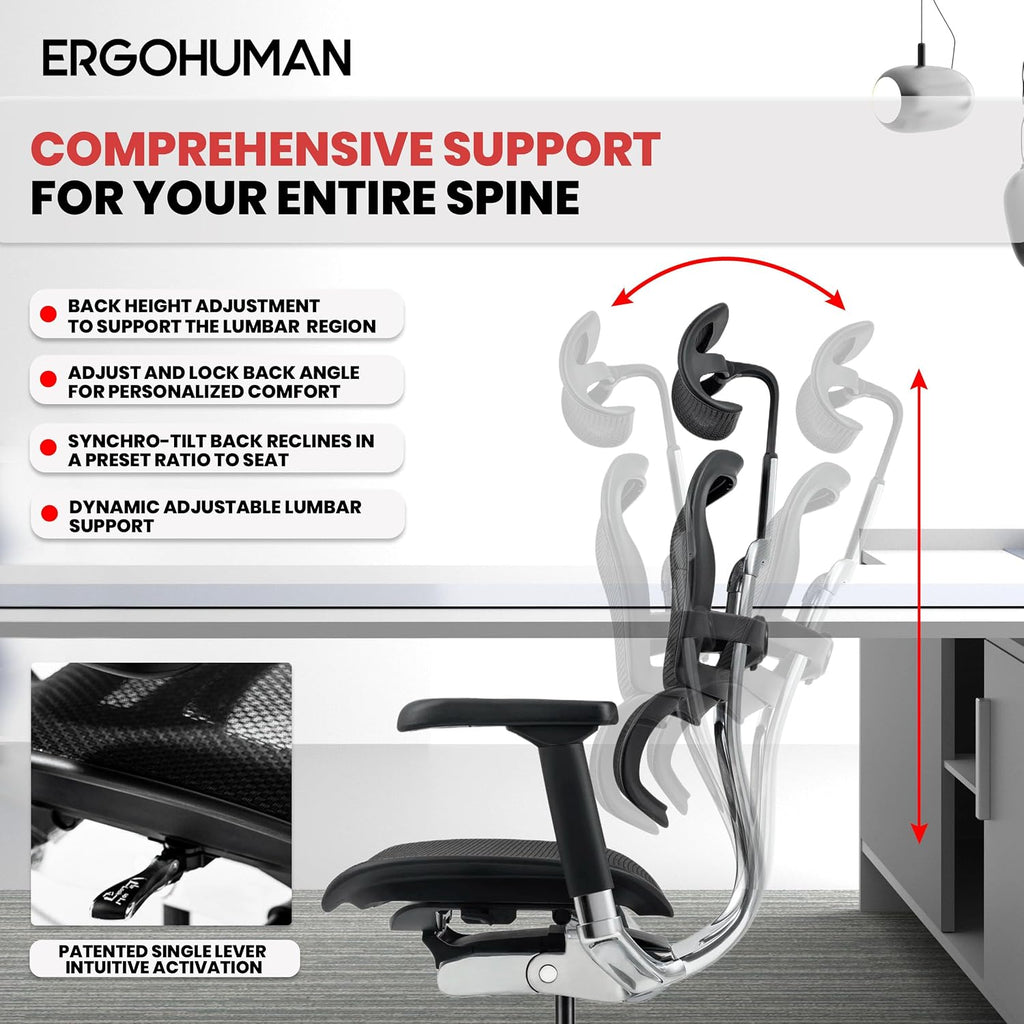 Ergohuman Eurotech ME7ERG GEN2 High Back Mesh Office Chair with Tilt Tension Control, Tilt Lock, Back Angle, Back Height, Synchro Tilt, Seat Height, Seat Depth, and Arm Height Adjustments, Black