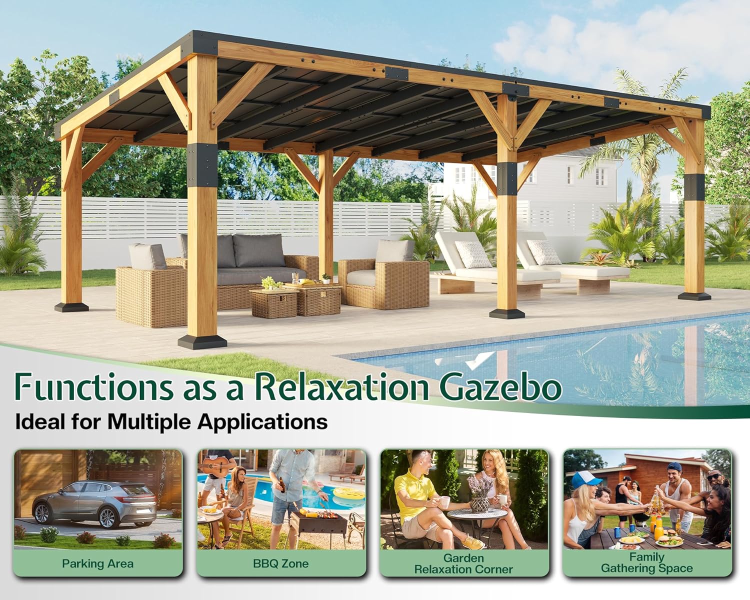 Jocisland 12x24x8.2 FT Cedar Wood Carport for 2 Cars, Heavy Duty Canopy Carport with Sloped Galvanized Steel Roof for All Weather, Permanent Shelter for Full-Sized Pickup Truck, Boat & Tractor
