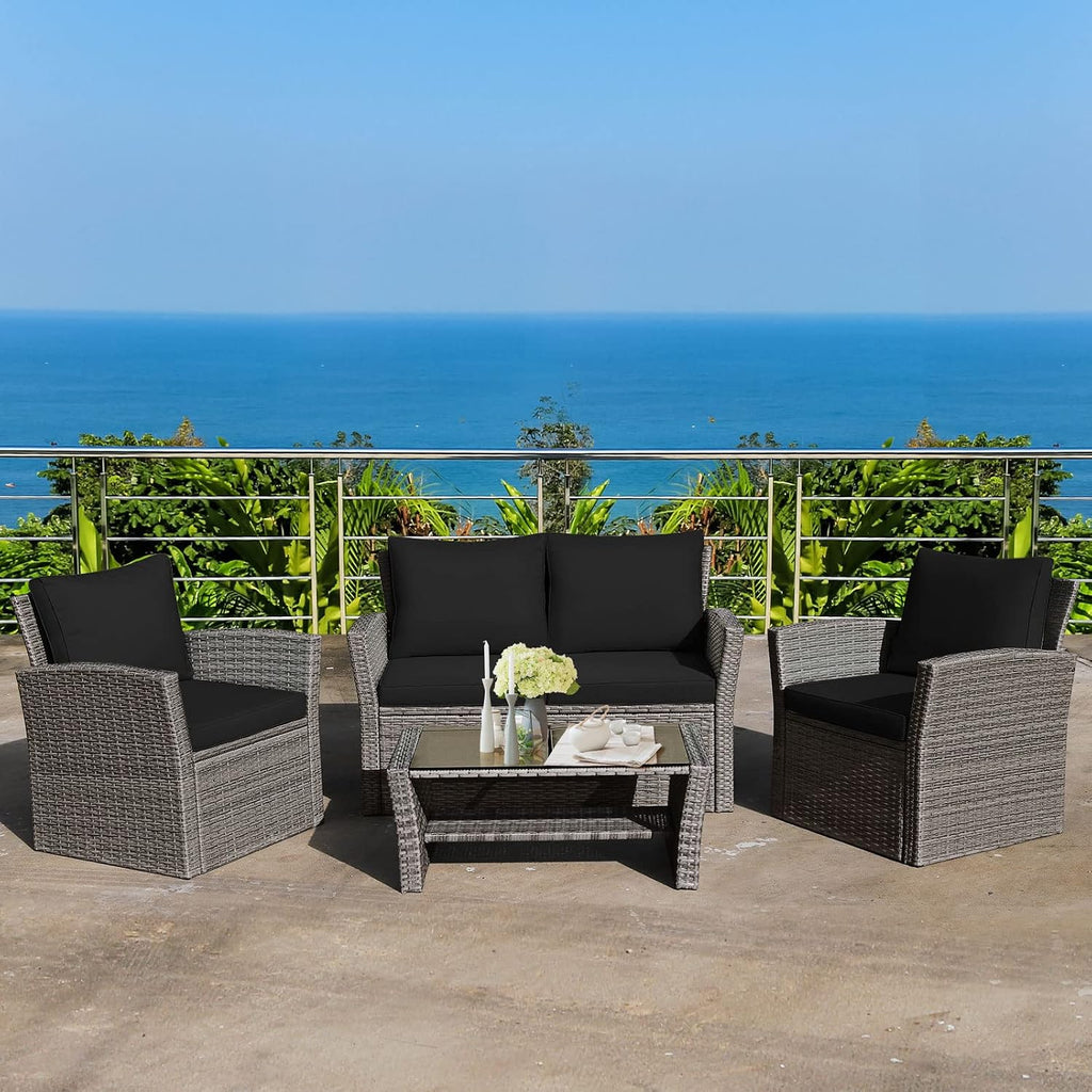 COSTWAY 4 Pieces Patio Rattan Furniture Set, Outdoor Wicker Sofa Set with Tempered Glass Coffee Table, Cushions, All Weather Rattan Conversation Set for Yard Balcony Backyard Pool (Black)