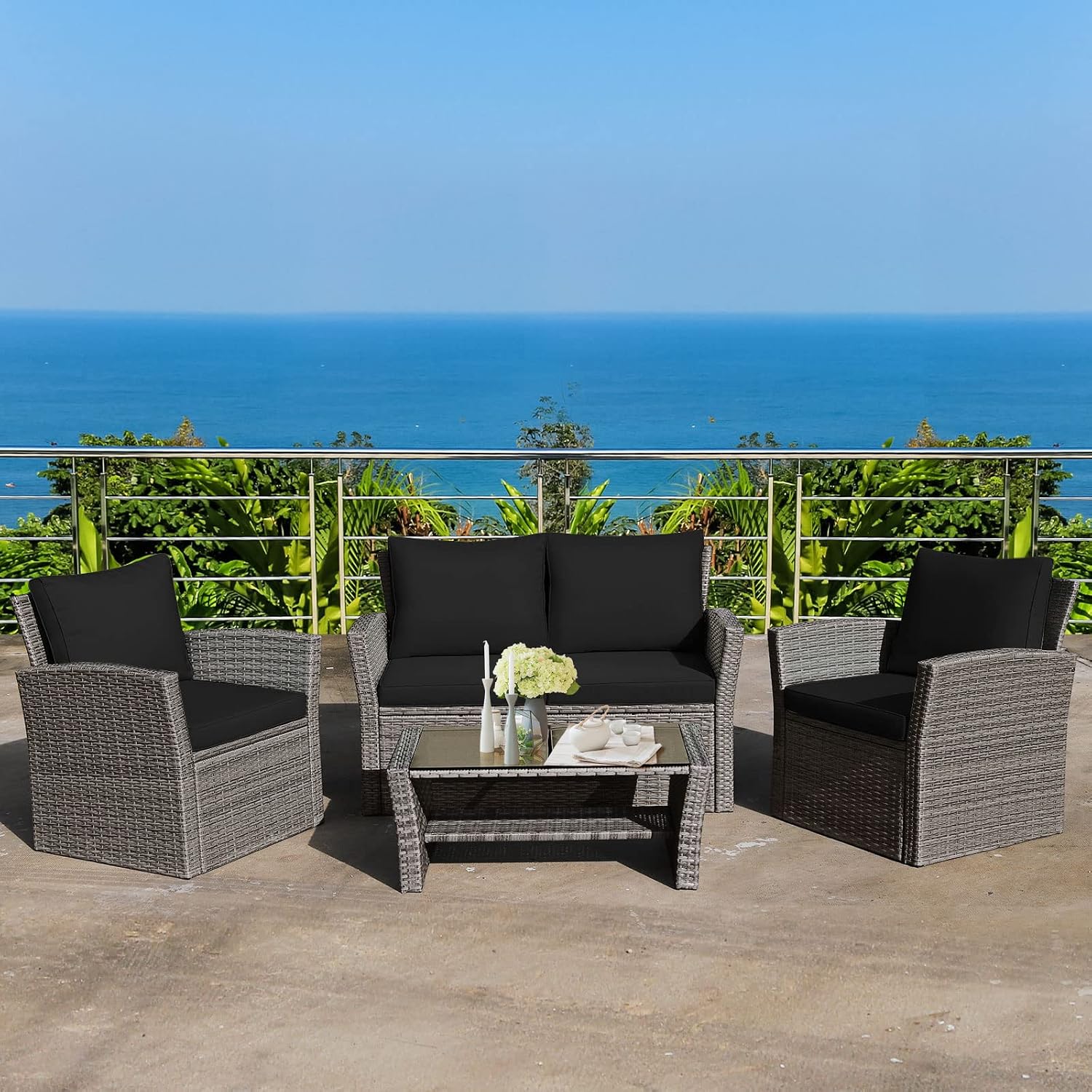 COSTWAY 4 Pieces Patio Rattan Furniture Set, Outdoor Wicker Sofa Set with Tempered Glass Coffee Table, Cushions, All Weather Rattan Conversation Set for Yard Balcony Backyard Pool (Black)