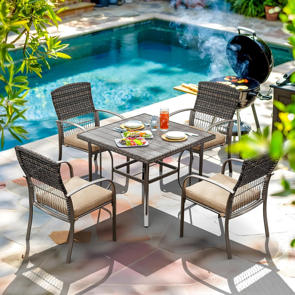 Pamapic Outdoor 5-Piece Patio Dining Set, Weather Resistant PE Rattan Table and Chairs, Comfortable Cushions, Easy Maintenance, 5 PCS, Beige