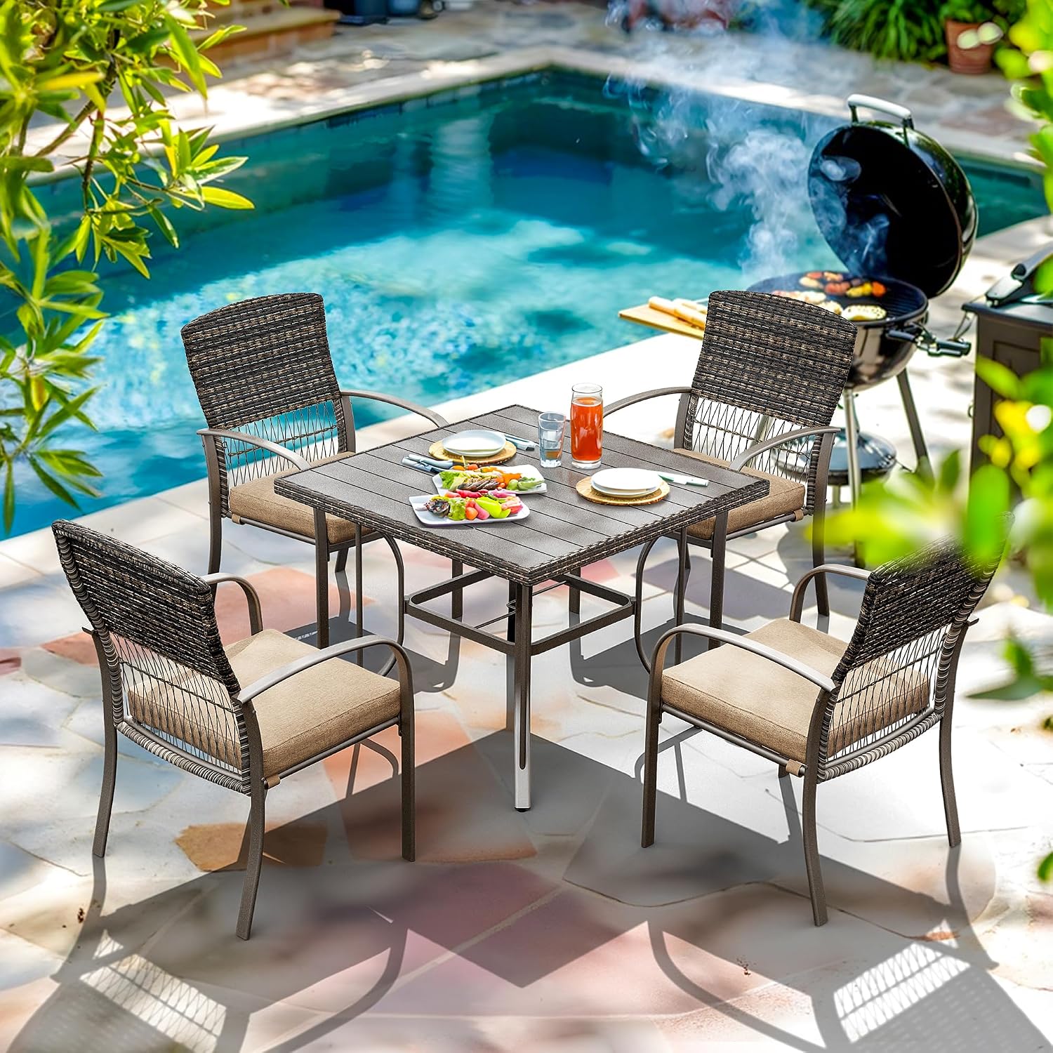 Pamapic Outdoor 5-Piece Patio Dining Set, Weather Resistant PE Rattan Table and Chairs, Comfortable Cushions, Easy Maintenance, 5 PCS, Beige