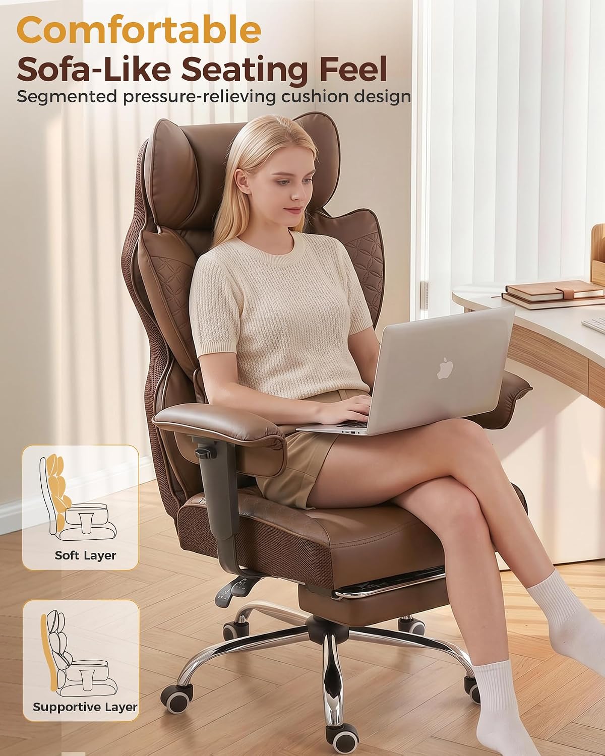 COMHOMA Big and Tall Office Chair Heavy Duty Gaming Chair with Deluxe Embossing Leather High Back Wider Ergonomic Computer Chair with Foot Rest 150°Reclining Pocket Spring Lumbar Support