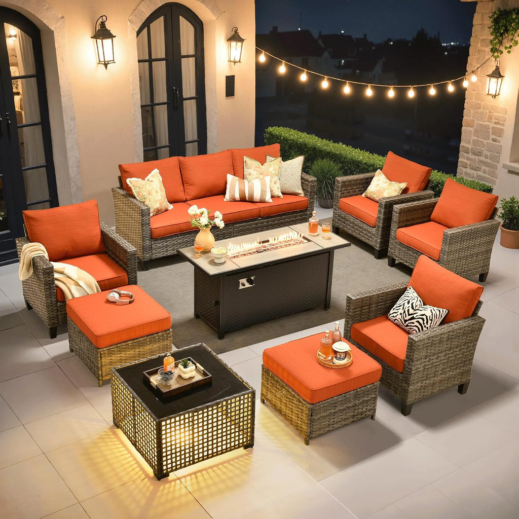 ovios 9 Pieces Patio Furniture Set with 54' Fire Pit Table, Outdoor Sofa Couch with Solar Lights Table Comfy Cushions, Modern Deep Seat Wicker Rattan Conversation Set, Orange Red