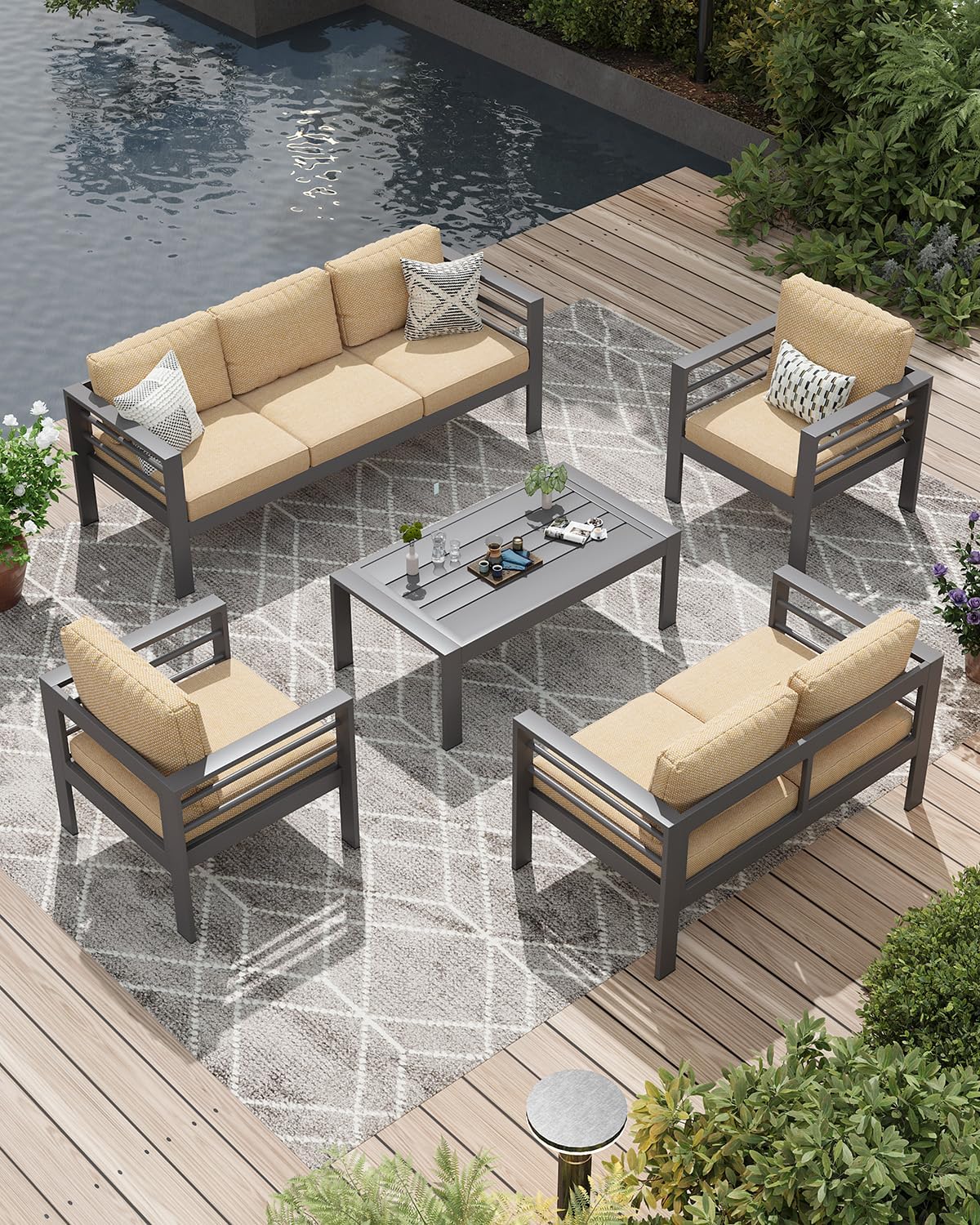 AECOJOY Aluminum Patio Furniture Set, 7 Seats Modern Outdoor Furniture with Coffee Table, 5 Pieces Metal Conversation Sectional Sofa, Beige