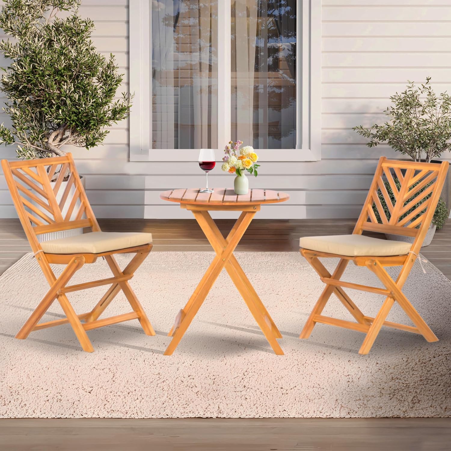 Werph 3-Piece Acacia Wood Patio Set, Foldable Bistro Table and Chairs Set of 2, Small Patio Furniture Set with Cushions, Folding Balcony Chairs Table Set for Apartment, Balcony, Deck or Porch
