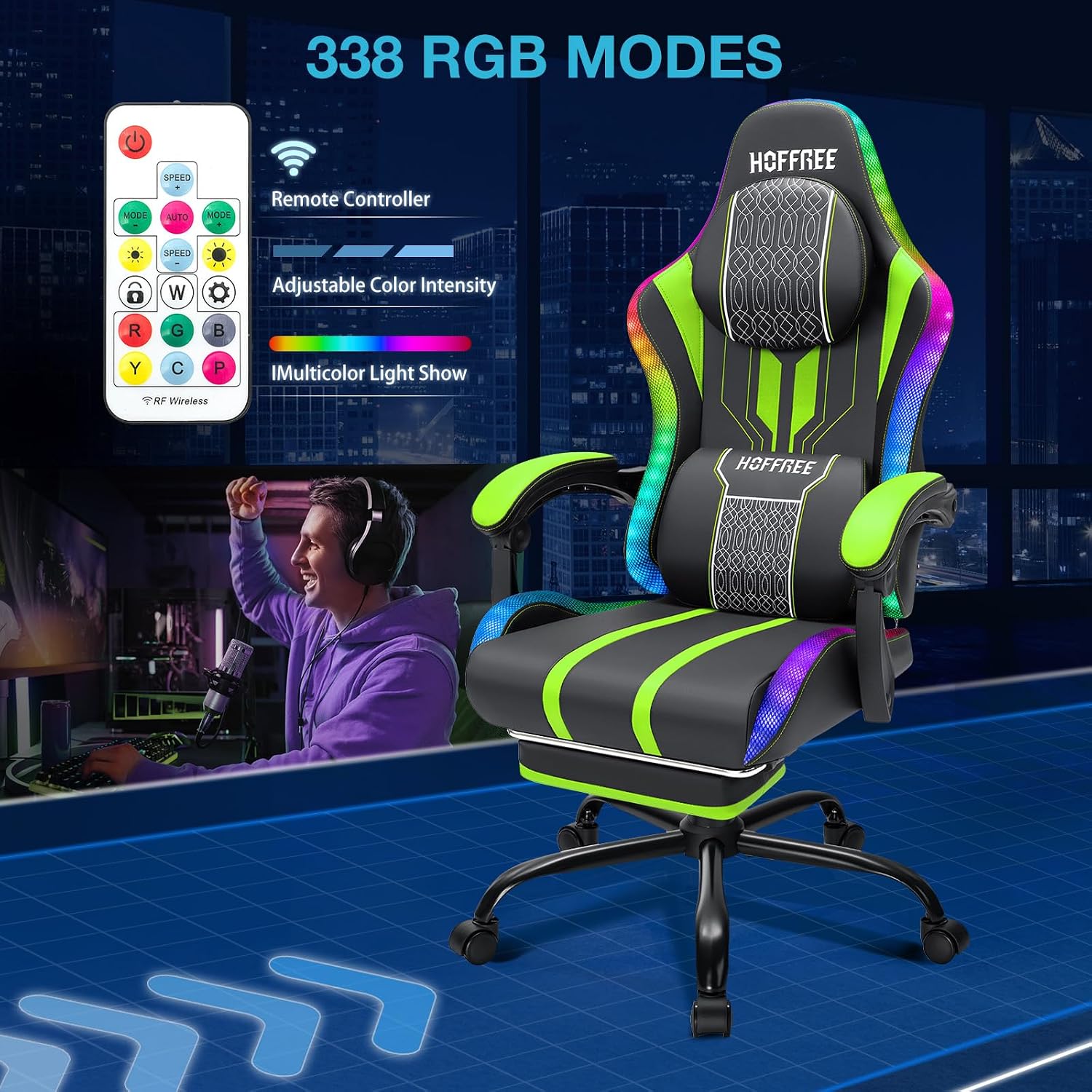 HOFFREE LED Gaming Chair with Bluetooth Speakers Massage Gaming Chair with RGB Lights Big and Tall Gamer Chair for 400lbs Heavy People High Back Computer Desk Chair with Footrest Green and Black