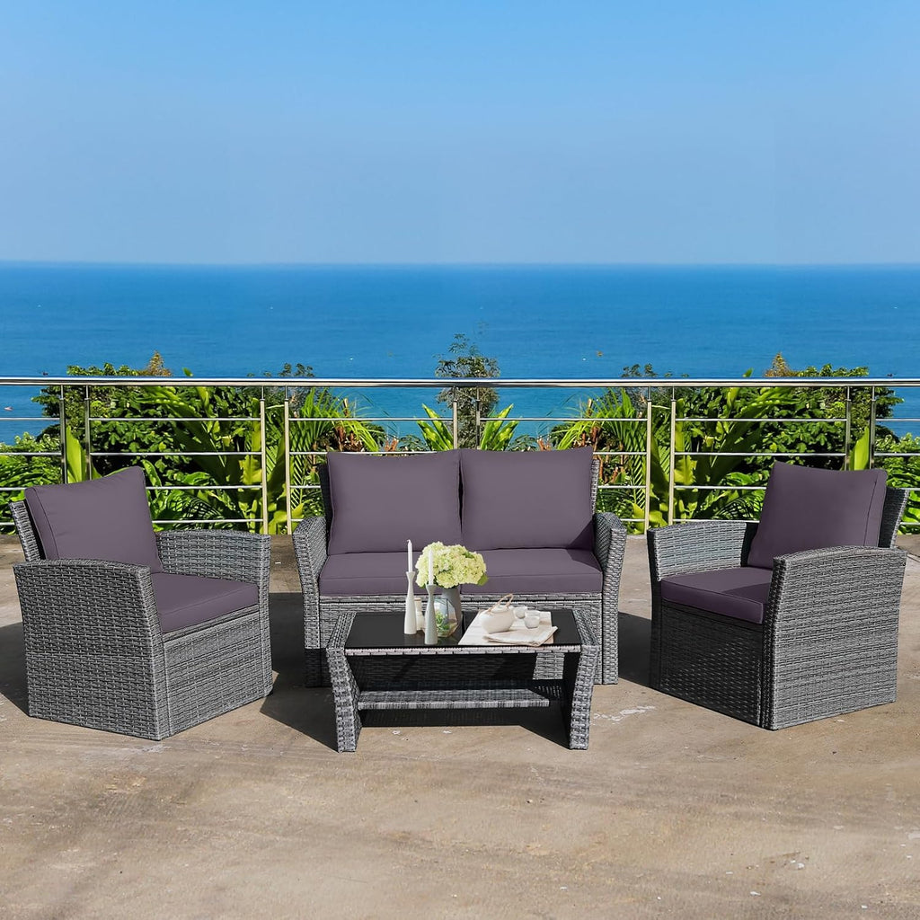 COSTWAY 4 Pieces Patio Rattan Furniture Set, Outdoor Wicker Sofa Set with Tempered Glass Coffee Table, Cushions, All Weather Rattan Conversation Set for Yard Balcony Backyard Pool (Grey)