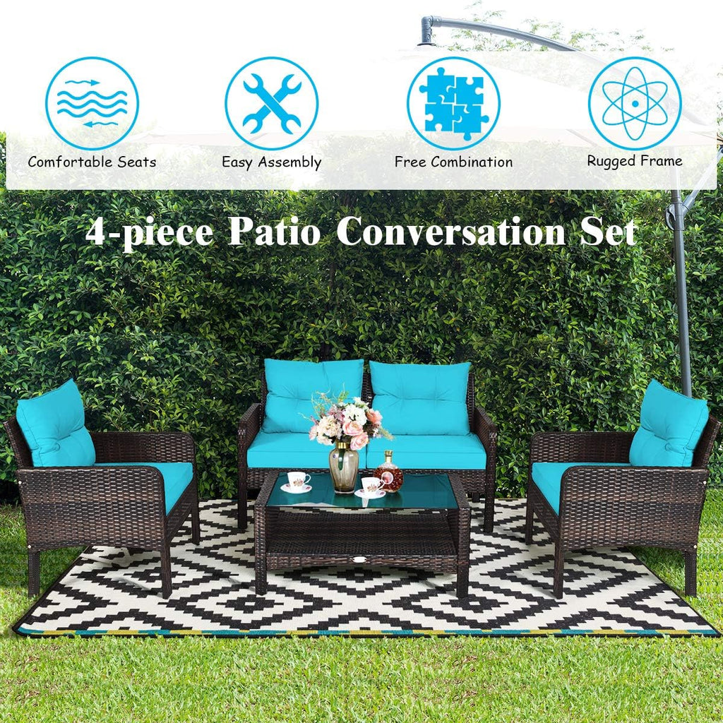 COSTWAY 4-Piece Patio Furniture Set, Sectional Wicker Rattan Sofa Chair with Cushion, Loveseat, Coffee Table with Tempered Glass and Shelf, Outdoor Conversation Sets for Poolside Porch (Turquoise)