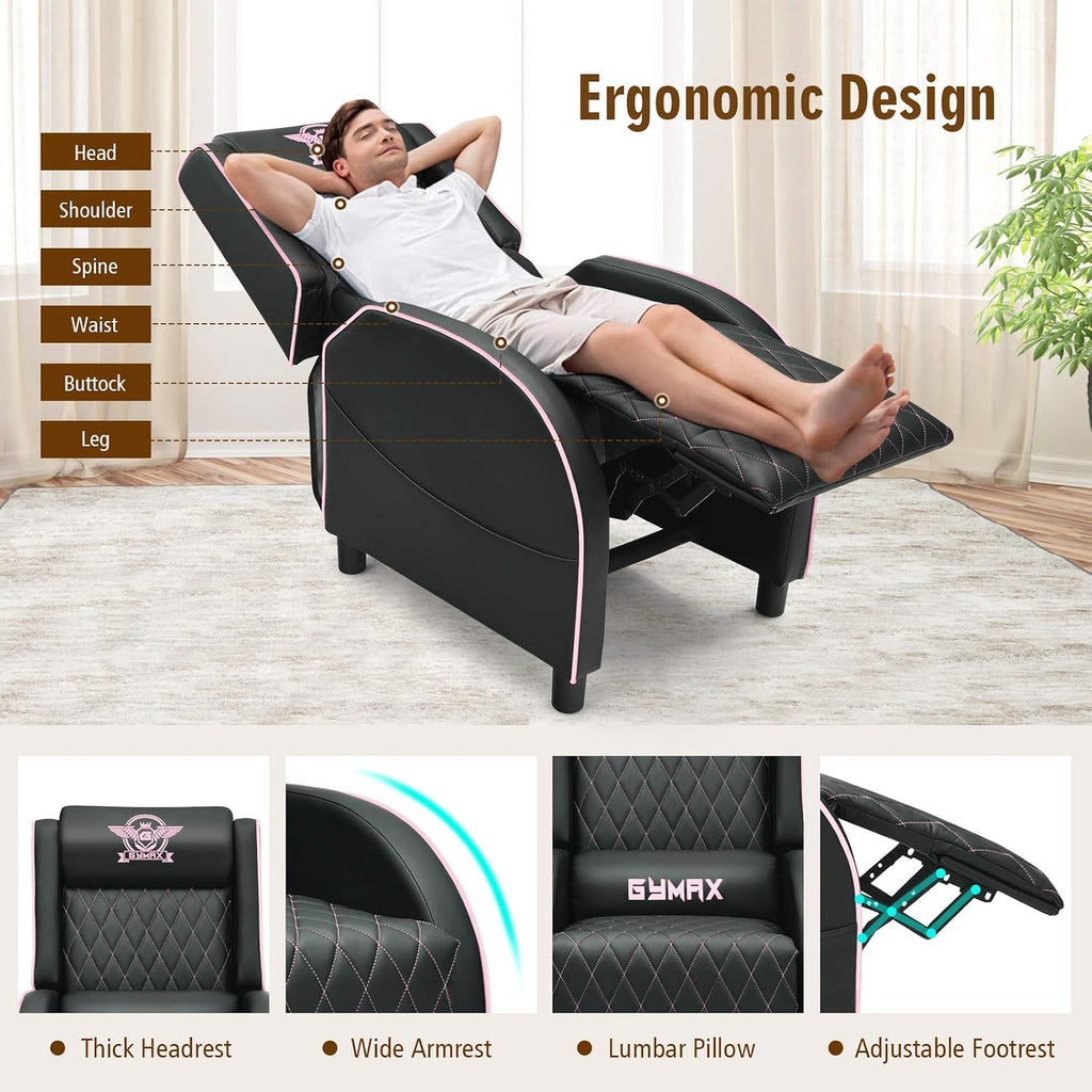 GYMAX Massage Gaming Recliner Chair, Ergonomic Racing Style Single Sofa with Adjustable Headrest, Backrest & Footrest, Home Theater Sofa for Living Room Office (Pink)