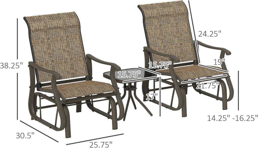 Outsunny 3-Piece Outdoor Gliders Set, Bistro Table and Chairs with Steel Frame, Tempered Glass Top Table for Patio, Garden, Backyard, Lawn, Light Mixed Brown