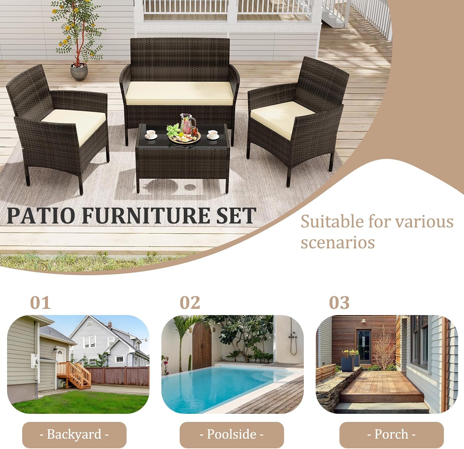 KOTEK 4 Piece Patio Furniture Set, Outdoor Rattan Conversation Set with Loveseat, Wicker Chairs, Tempered Glass Coffee Table, Wicker Patio Set for Backyard, Porch Beige