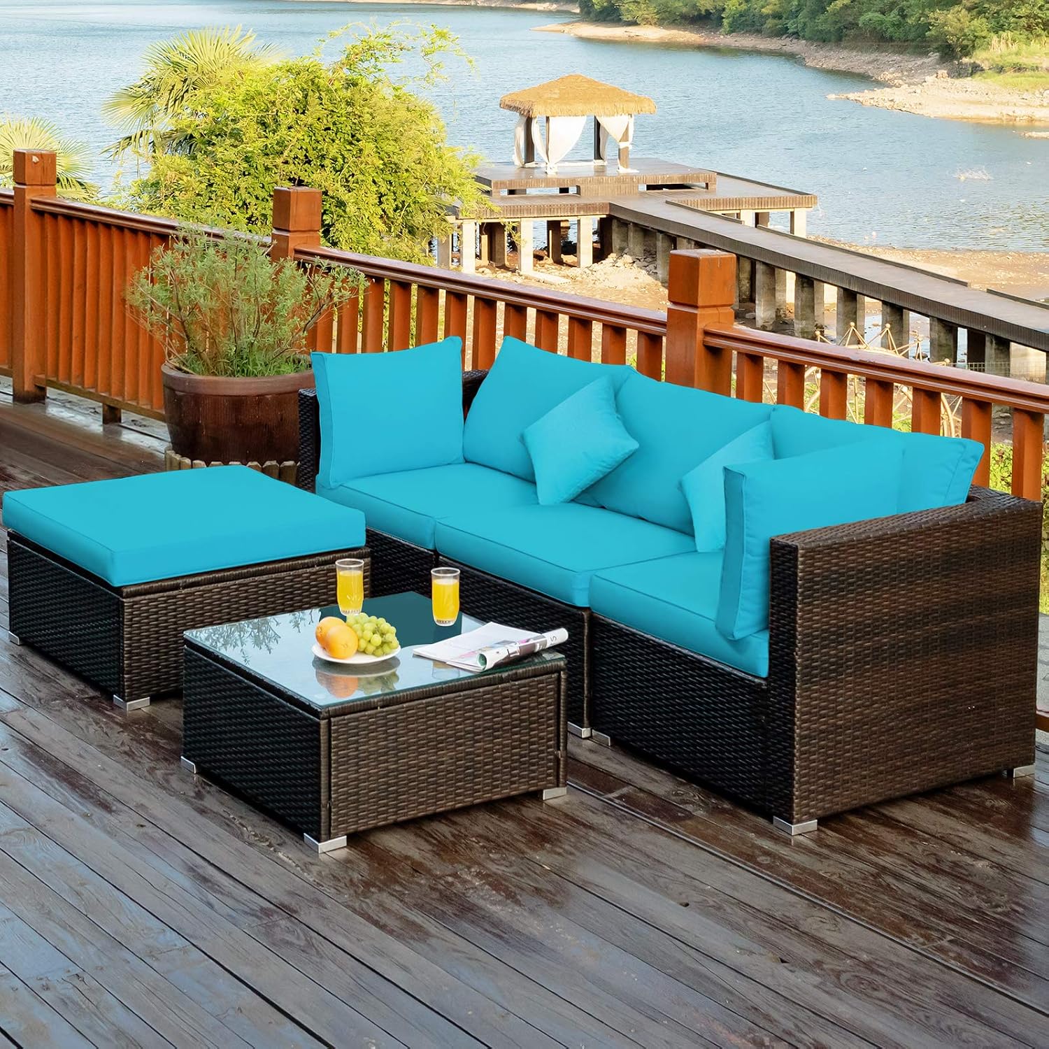 COSTWAY 5-Piece Outdoor Patio Furniture Set, Glass Top Coffee Table and Lounge Sofa with Cushions, PE Rattan Conversation Set for Garden, Deck, Backyard (Turquoise)