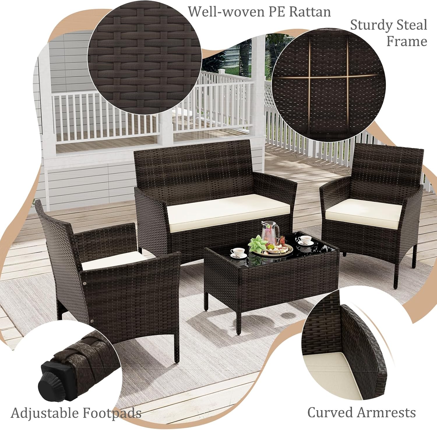 KOTEK 4 Piece Patio Furniture Set, Outdoor Rattan Conversation Set with Loveseat, Wicker Chairs, Tempered Glass Coffee Table, Wicker Patio Set for Backyard, Porch Beige