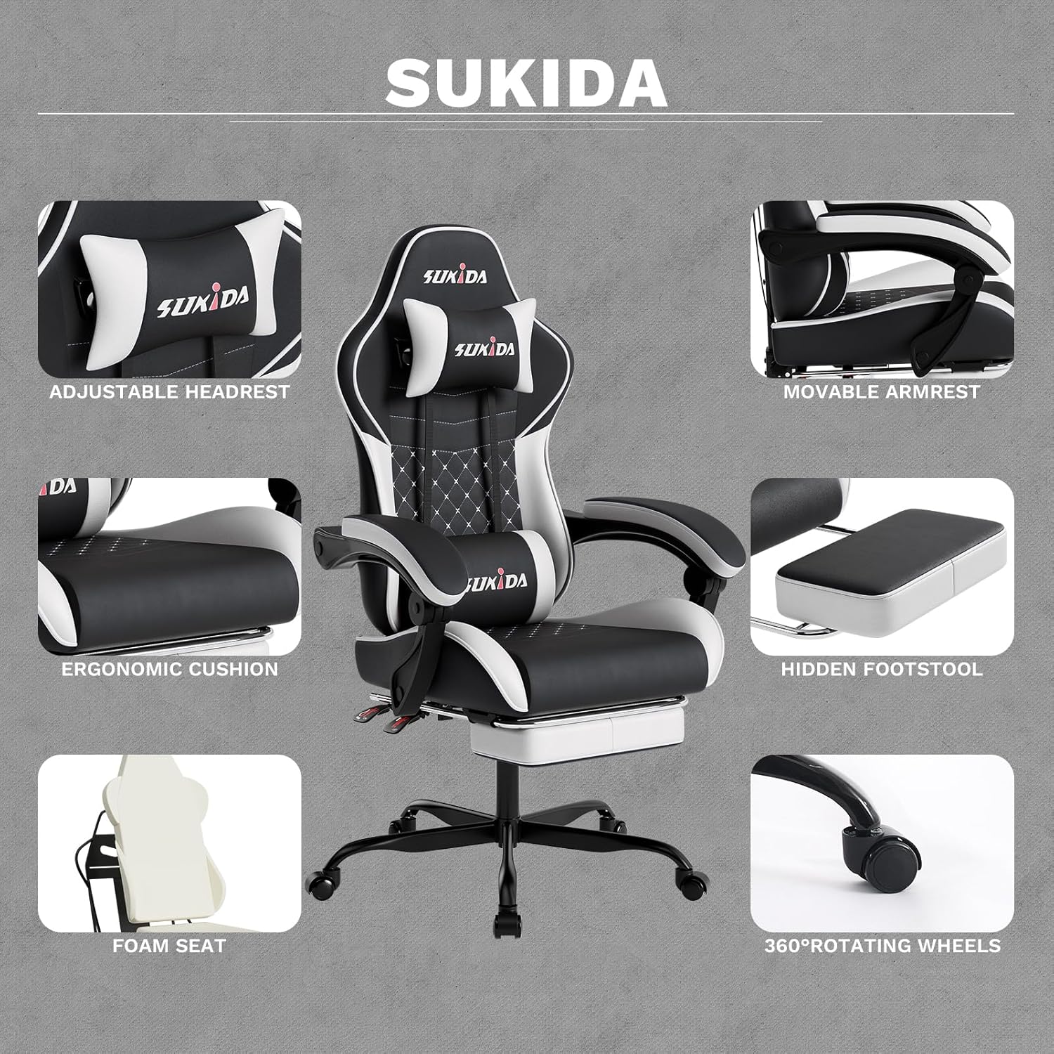 Ergonomic Video Gamer Chairs Gaming Computer Chair Gamer Chairs for Adults Massage Lumbar Support Swivel Height Adjustable Headrest Backrest