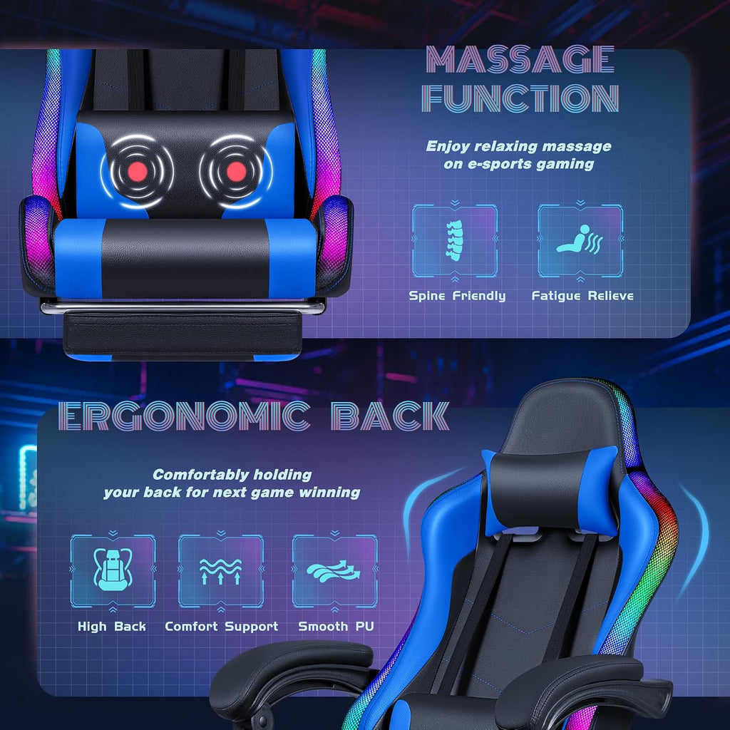Furmax Gaming Chair with RGB LED Lights, Video Game Chair with Footrest and Massage Lumbar Support, High Back Reclining Computer Chair with Headrest, Swivel Seat Gamer Chair (LED Blue)