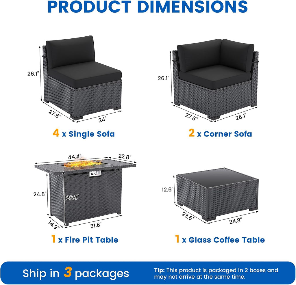 8 Piece Patio Furniture Set with 44' Fire Pit Table All-Weather Wicker Conversation Sectional Sofa & Coffee Table with Thickened Cushions for Backyard, Garden(Black)