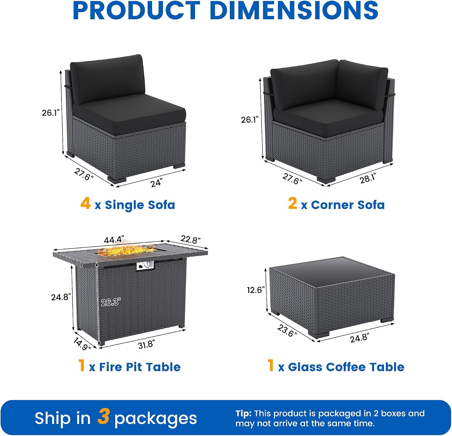 8 Piece Patio Furniture Set with 44' Fire Pit Table All-Weather Wicker Conversation Sectional Sofa & Coffee Table with Thickened Cushions for Backyard, Garden(Black)