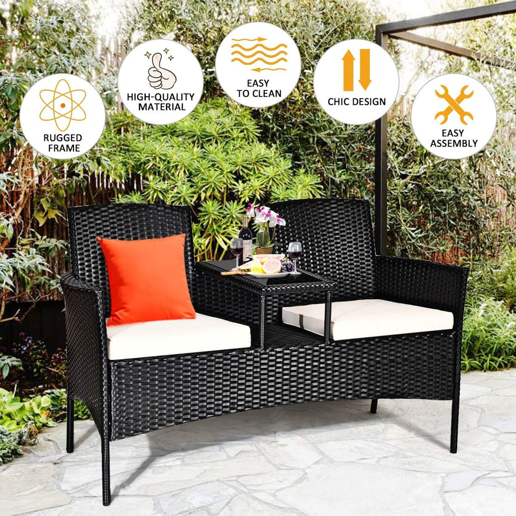COSTWAY 2-Seat Patio Conversation Sets, Outdoor Patio Loveseat Set with Removable Cushions & Built-in Coffee Table for Backyard, Garden, Lawn, Balcony, Black+Beige
