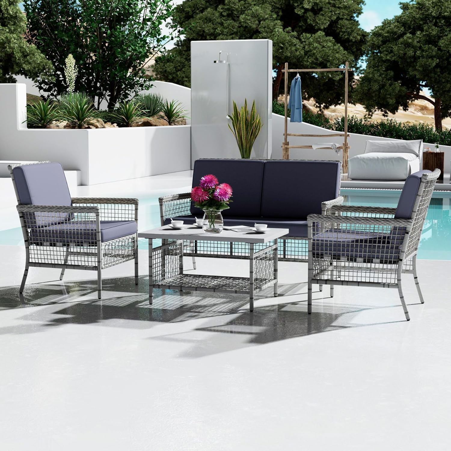 DECMICO 4 Pieces Outdoor Patio Furniture Set, Wicker Rattan Chairs & Loveseat Couch with Side Table and Cushions, All-Weather Patio Seating Set for Backyard, Deck, Porch (Dark Blue)
