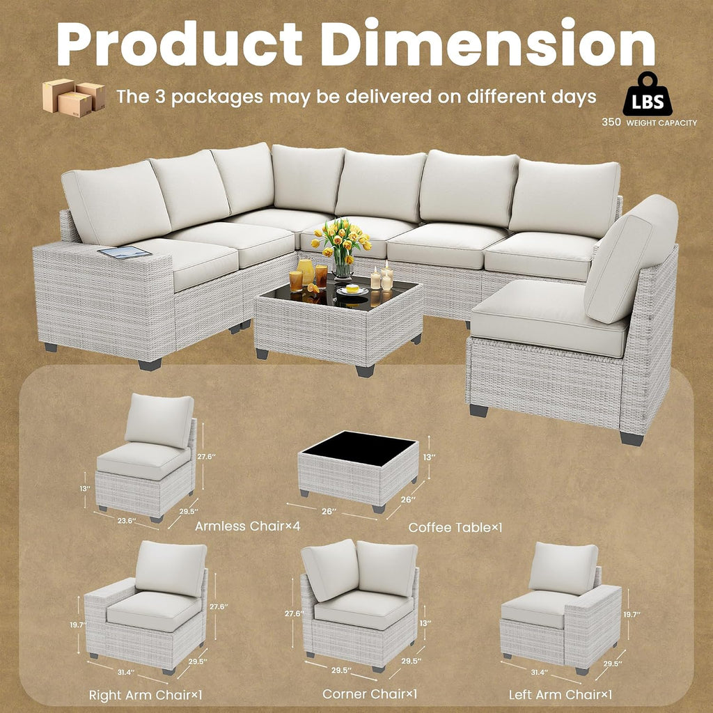 9 Piece Outdoor Patio Furniture Set with 43'' Fire Pit Table, Outdoor Sectional Furniture, Rattan & Wicker Modern Modular Conversation Set Sofa Couch W/Water Resistant Washable Thick Cushions, Beige