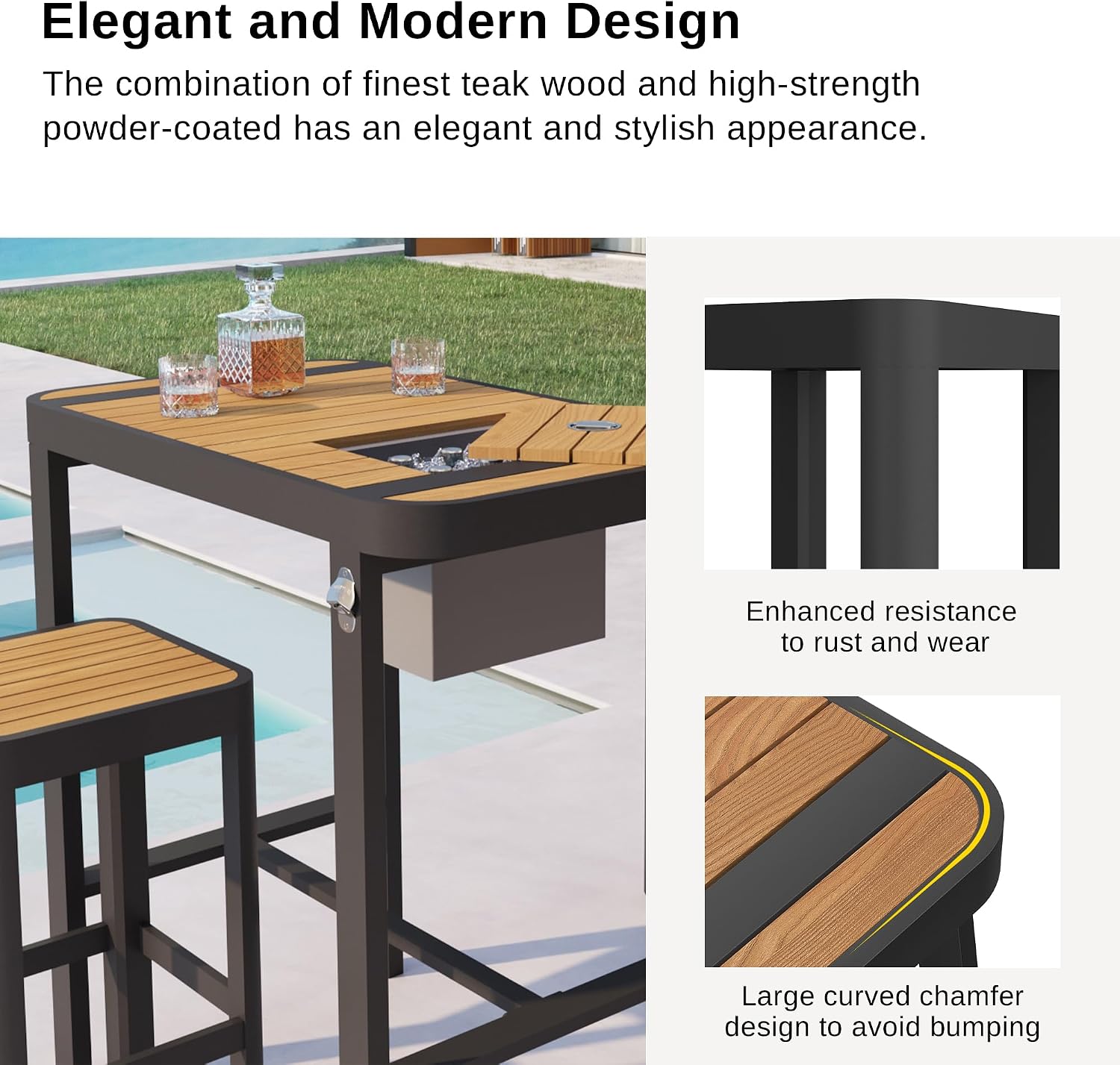 EAST OAK Signature 3-Piece Outdoor Bar Set, Patio Table with Teak Wood and Aluminum, Outdoor Patio Furniture for 2, Outdoor High Top Table and Chairs Set for Backyard, Garden and Pool, Dark Grey