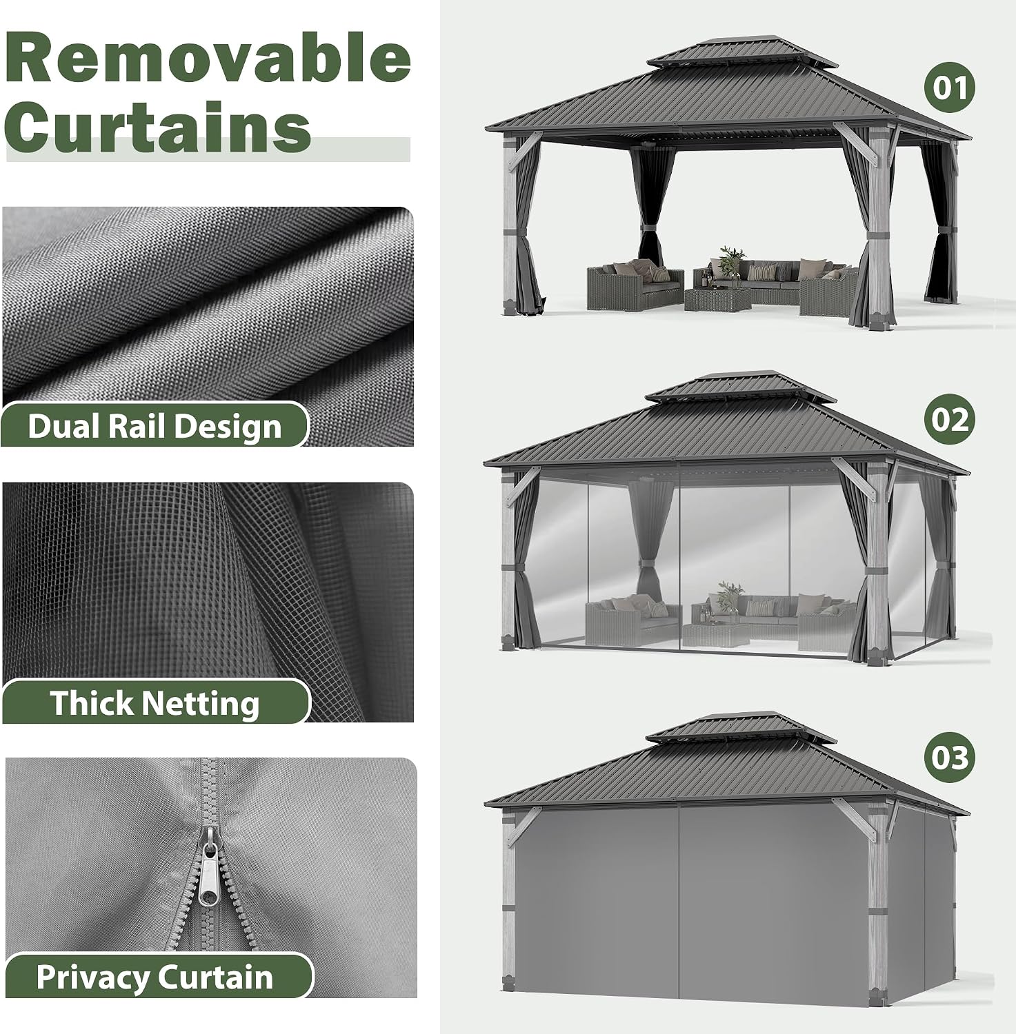 12'x14' Hardtop Wood Gazebo, Outdoor Double Roof Galvanized Steel Top Gazebo with Wooden Post, Curtains & Netting for Backyard, Patio, Deck (12x14 FT)