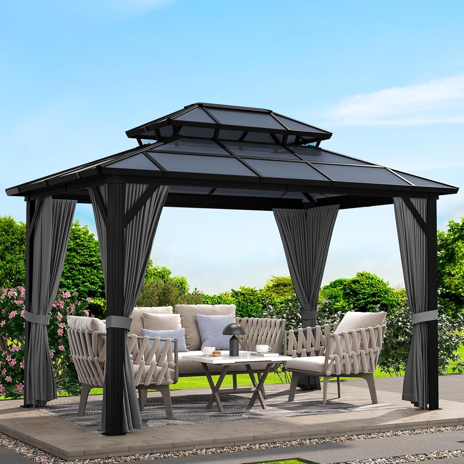 GAOMON 10'x13' Hardtop Gazebo, Outdoor Polycarbonate Double Roof Canopy, Aluminum Frame Permanent Pavilion with Curtains and Netting, Sunshade for Garden, Patio, Lawns, Gray