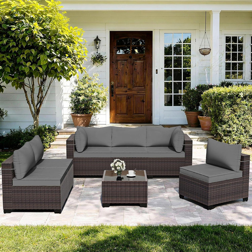 ALAULM Patio Furniture Set with Coffee Table, 7 Pieces Outdoor Sectional with Wide Seat and Thick Cushion, All Weather Wicker Rattan Conversation Set for Backyard, Garden, Deck, Grey