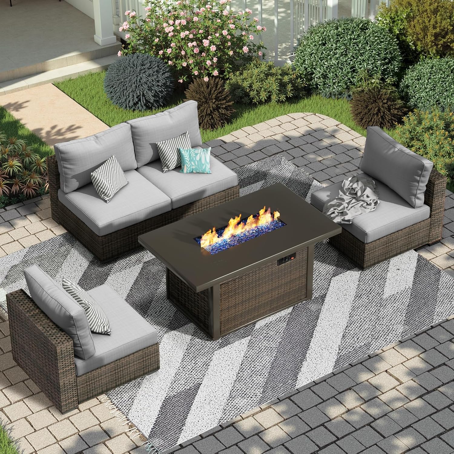 5 Piece Patio Furniture Set with Fire Pit Table, Outdoor Sectional Sofa PE Rattan, Patio Conversation Sets with Cushions for Garden Lawn Balcony Porch Deck Grey