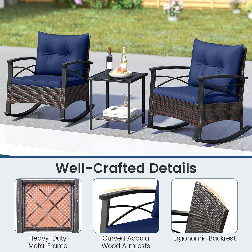 Tangkula 3 Piece Rattan Rocking Chair Set, Patio Rocker Bistro Set w/Acacia Wood Tabletop & Armrests, 2 Outdoor Cushioned Armchairs w/Double-Tier Side Table for Porch, Balcony, Backyard