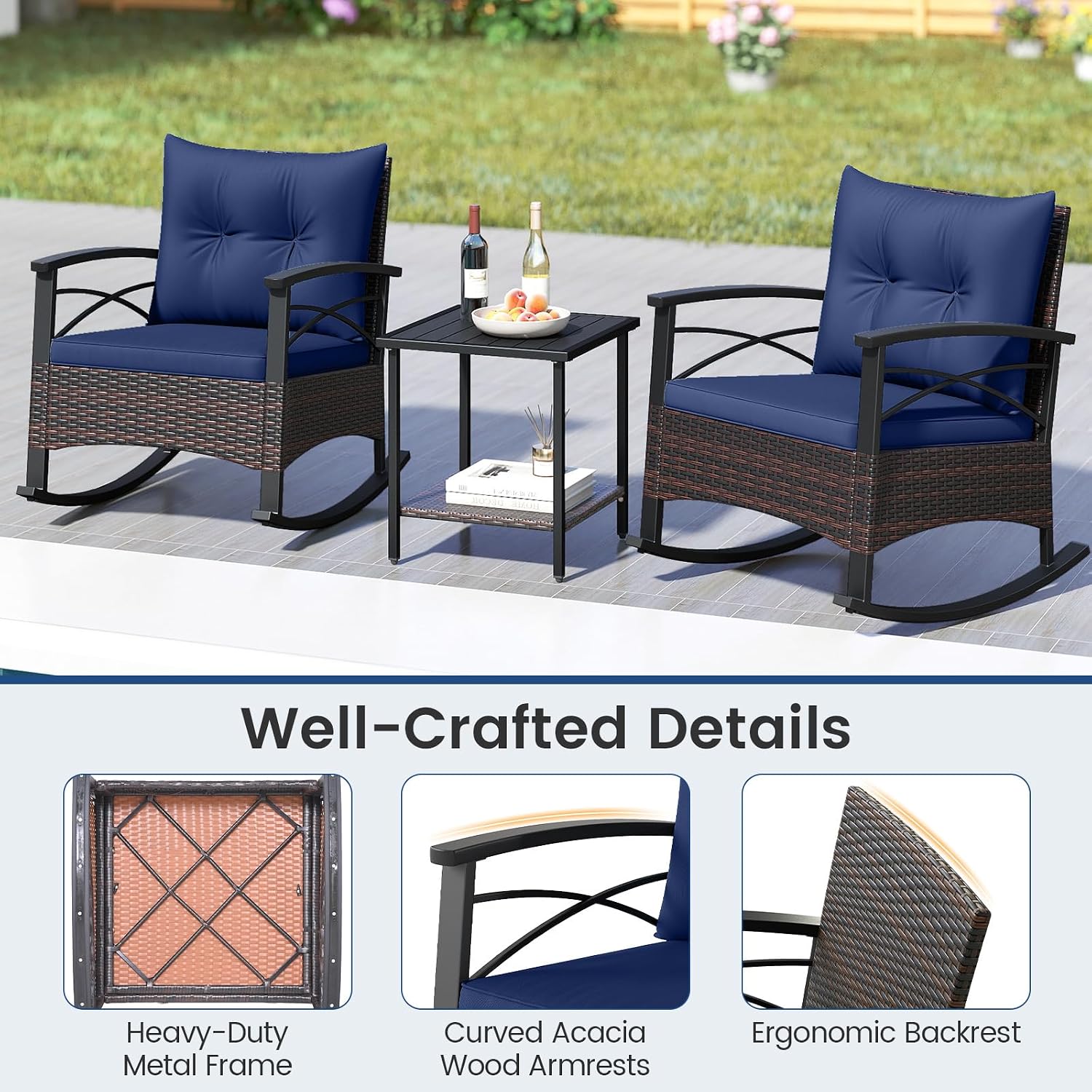 Tangkula 3 Piece Rattan Rocking Chair Set, Patio Rocker Bistro Set w/Acacia Wood Tabletop & Armrests, 2 Outdoor Cushioned Armchairs w/Double-Tier Side Table for Porch, Balcony, Backyard