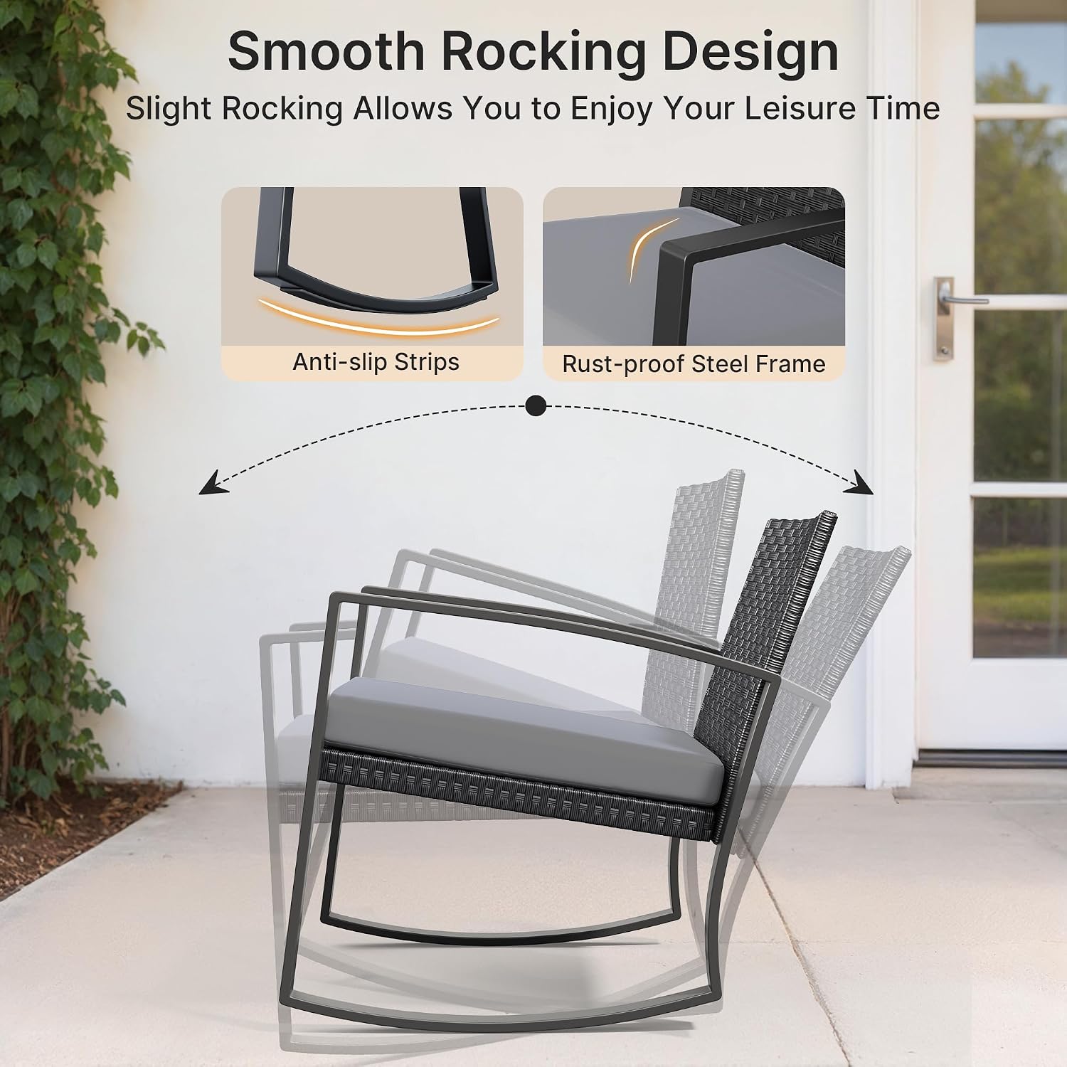 Ahomly 8 Piece Outdoor Patio Furniture Set, Outdoor Wicker Patio Furniture with Glass Coffee Table, Modern Rattan Rocking Chairs Conversation Set, for Porch, Garden, Lawn,Grey Cushion