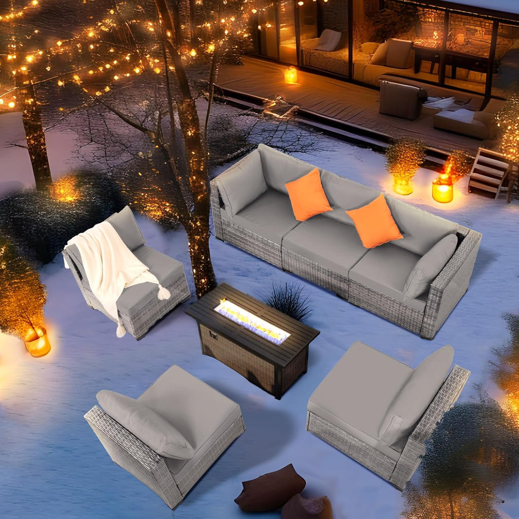 FHFO 7 Piece Outdoor Wicker Patio Furniture Set, Rattan Sectional Sofa Couch, Patio Conversation Set with Cushion & Coffee Table, for Backyard Poolside Porch Garden, Grey