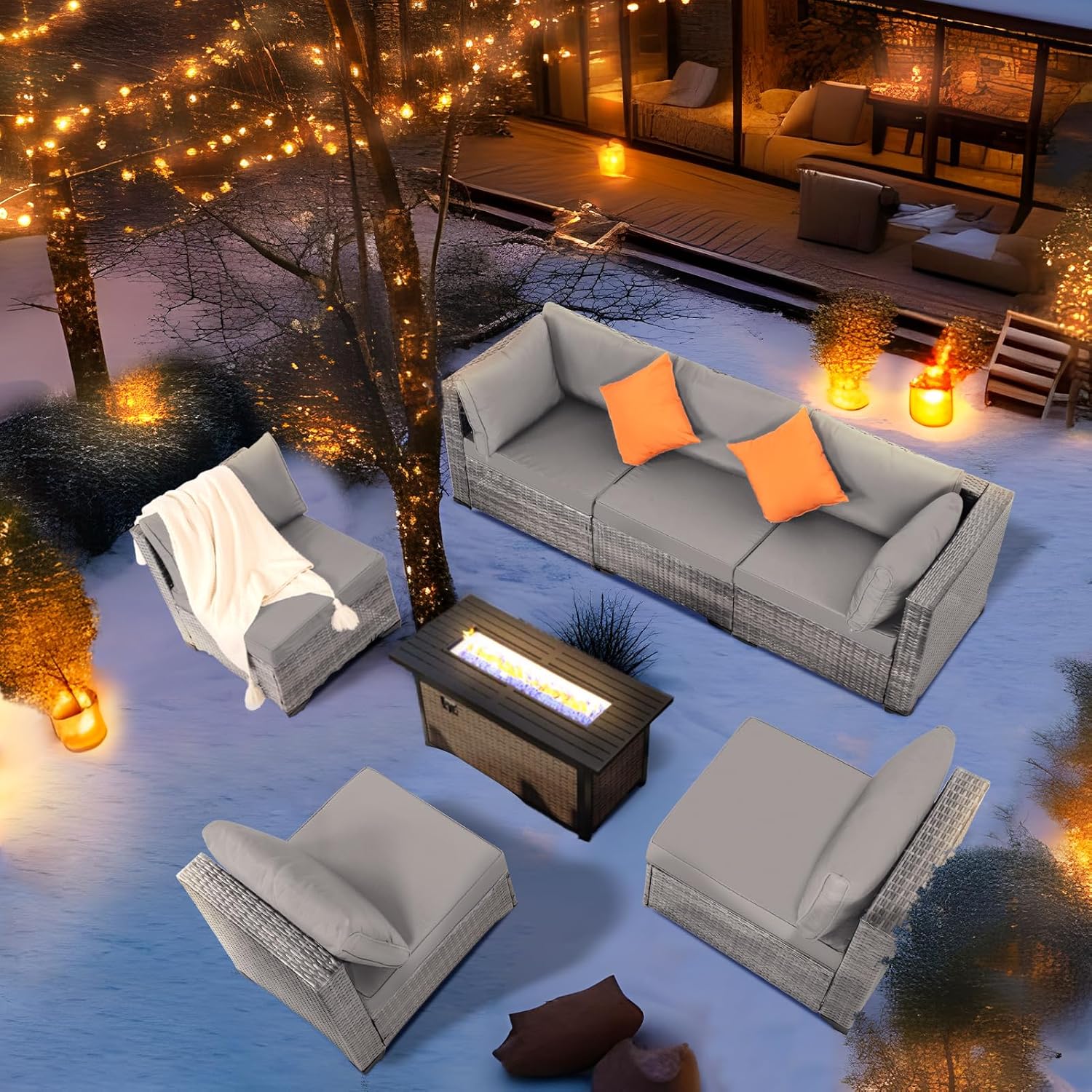 FHFO 7 Piece Outdoor Wicker Patio Furniture Set, Rattan Sectional Sofa Couch, Patio Conversation Set with Cushion & Coffee Table, for Backyard Poolside Porch Garden, Grey