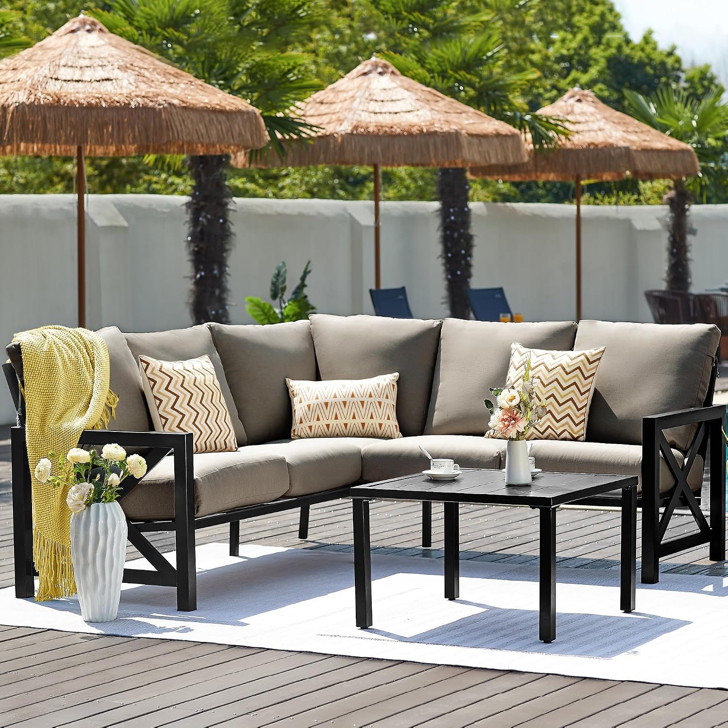 NATURAL EXPRESSIONS 6 Pieces Patio Furniture Sets,Outdoor Furniture Sets Metal Patio L Shape Sectional Couch Sofa Conversation Sets with 6.5' Shale Cushions,HighBack Hand-Brush Black Frame