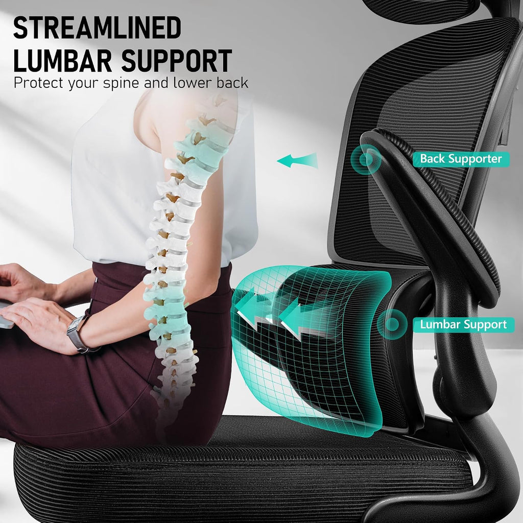 BESTFAIR High Back Ergonomic Office Chair, Breathable Mesh Desk Chair with Lumbar Support, Adjustable Headrest, Flip-up Armrests, Computer Gaming Chair